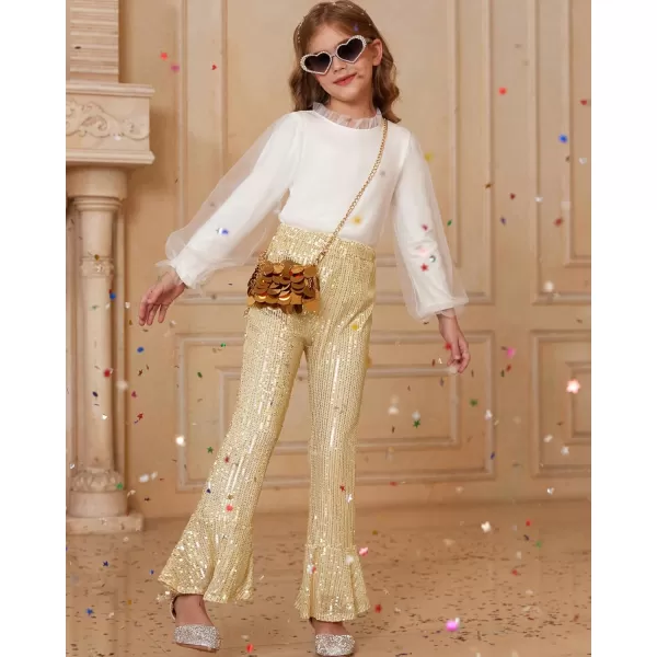 GRACE KARIN Girls Sequin Pants Sparke Trouser Glitter Dance Bell Bottoms 512Gold