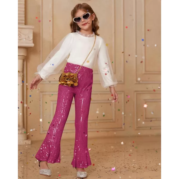 GRACE KARIN Girls Sequin Pants Sparke Trouser Glitter Dance Bell Bottoms 512Hot Pink