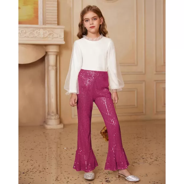 GRACE KARIN Girls Sequin Pants Sparke Trouser Glitter Dance Bell Bottoms 512Hot Pink