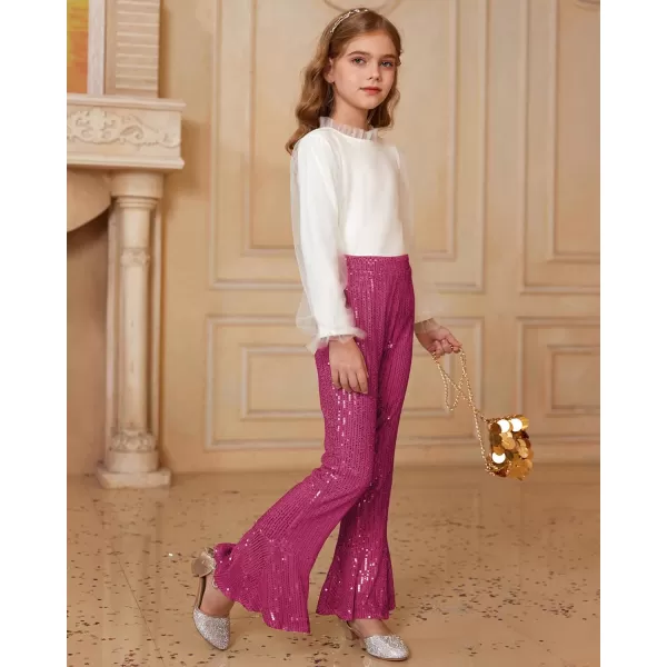 GRACE KARIN Girls Sequin Pants Sparke Trouser Glitter Dance Bell Bottoms 512Hot Pink