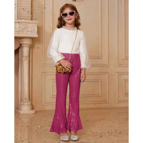 GRACE KARIN Girls Sequin Pants Sparke Trouser Glitter Dance Bell Bottoms 512Hot Pink