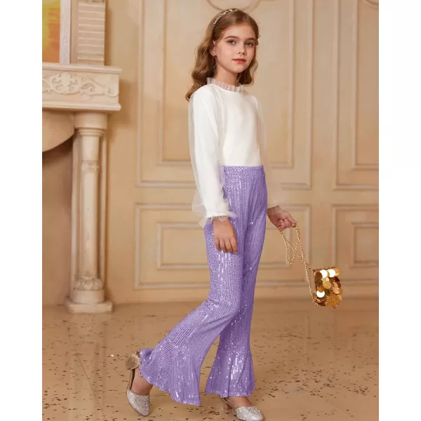 GRACE KARIN Girls Sequin Pants Sparke Trouser Glitter Dance Bell Bottoms 512Purple