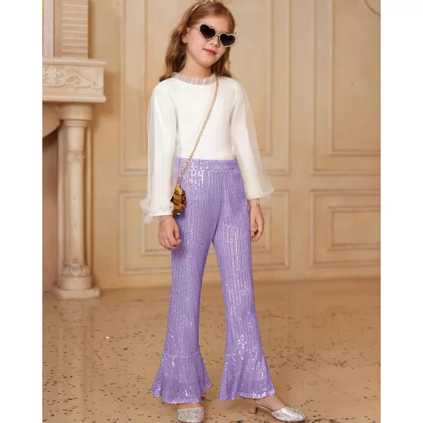 GRACE KARIN Girls Sequin Pants Sparke Trouser Glitter Dance Bell Bottoms 512Purple