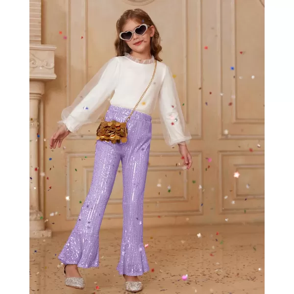 GRACE KARIN Girls Sequin Pants Sparke Trouser Glitter Dance Bell Bottoms 512Purple