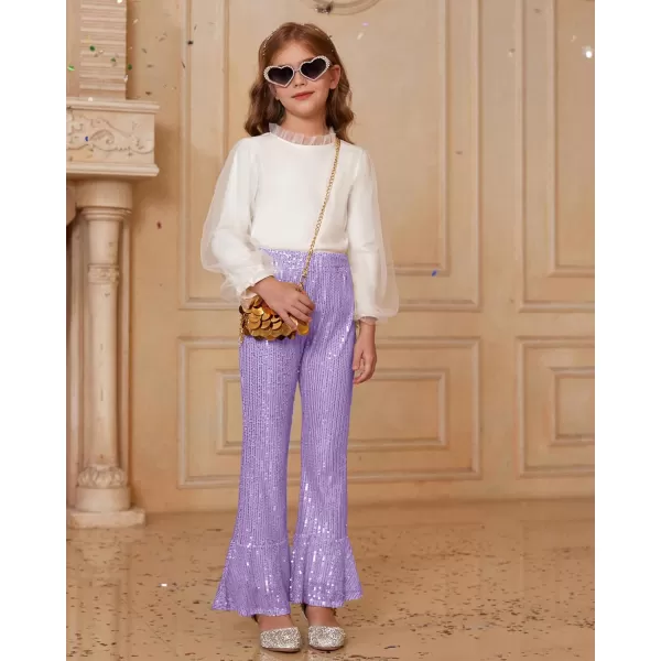 GRACE KARIN Girls Sequin Pants Sparke Trouser Glitter Dance Bell Bottoms 512Purple