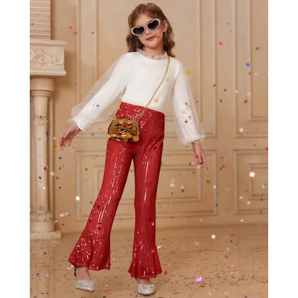 GRACE KARIN Girls Sequin Pants Sparke Trouser Glitter Dance Bell Bottoms 512Red