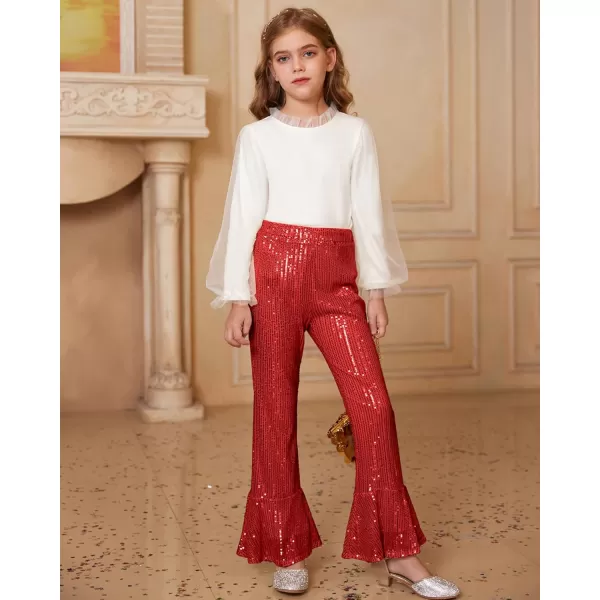 GRACE KARIN Girls Sequin Pants Sparke Trouser Glitter Dance Bell Bottoms 512Red