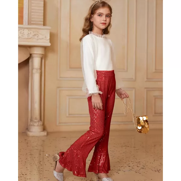 GRACE KARIN Girls Sequin Pants Sparke Trouser Glitter Dance Bell Bottoms 512Red