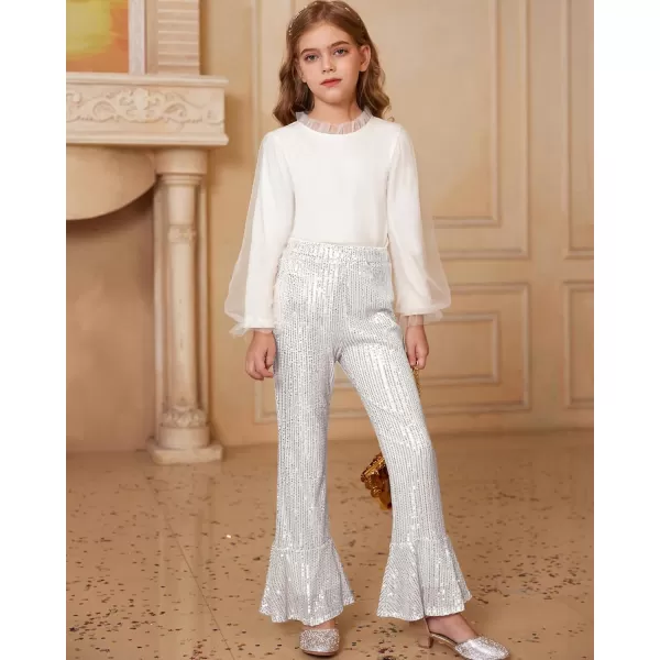 GRACE KARIN Girls Sequin Pants Sparke Trouser Glitter Dance Bell Bottoms 512Sliver