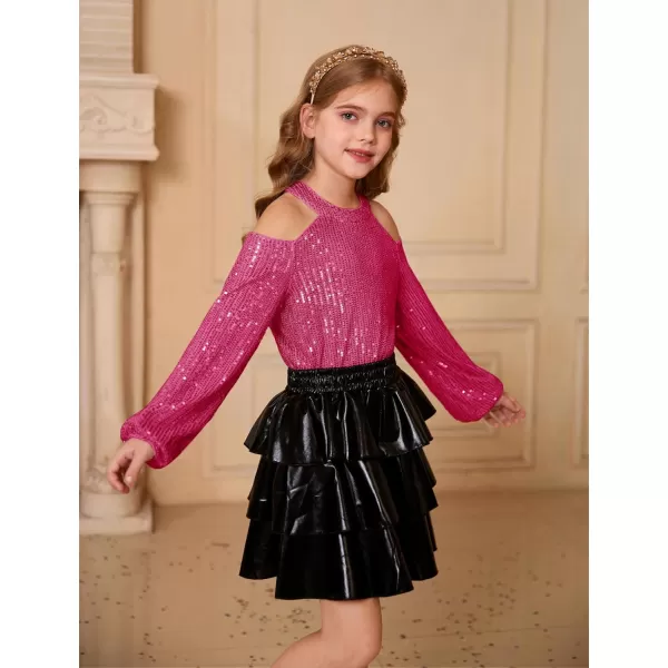 GRACE KARIN Girls Sequin Tops Long Sleeve Sparkle Glitter Shirt Blouse Size 512Hot Pink