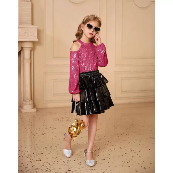 GRACE KARIN Girls Sequin Tops Long Sleeve Sparkle Glitter Shirt Blouse Size 512Hot Pink