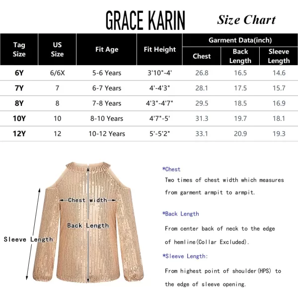 GRACE KARIN Girls Sequin Tops Long Sleeve Sparkle Glitter Shirt Blouse Size 512Rose Gold