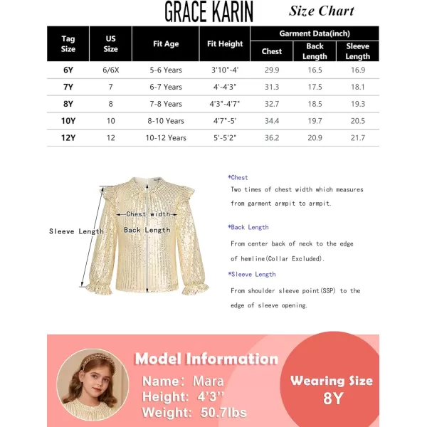 GRACE KARIN Girls Sparkly Sequin Pullover Tops Long Sleeve Formal Party Glitter Blouse Shirt Size 512 YearsGold