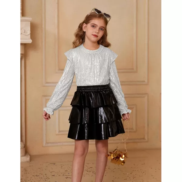 GRACE KARIN Girls Sparkly Sequin Pullover Tops Long Sleeve Formal Party Glitter Blouse Shirt Size 512 YearsSilver