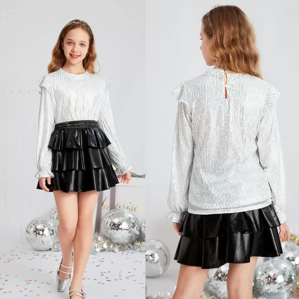 GRACE KARIN Girls Sparkly Sequin Pullover Tops Long Sleeve Formal Party Glitter Blouse Shirt Size 512 YearsWhite