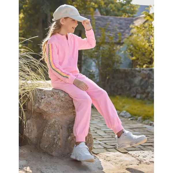 GRACE KARIN Girls Sweatsuit Outfits with Pocket Fall 2 Piece Sweatpants Suit Zip Up Tracksuit Joggers Athletic Size 514Pink