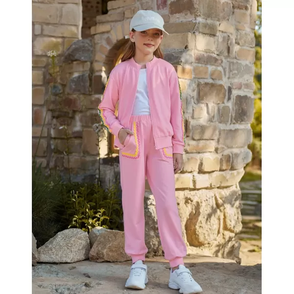 GRACE KARIN Girls Sweatsuit Outfits with Pocket Fall 2 Piece Sweatpants Suit Zip Up Tracksuit Joggers Athletic Size 514Pink