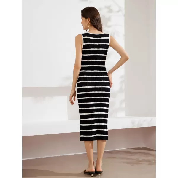 GRACE KARIN Womens 2024 Summer Striped Dress Sleeveless Knitted Midi Bodycon Dresses Tank Ribbed Sweater Beach DressBlack White Stripe