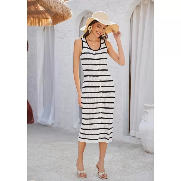 GRACE KARIN Womens 2024 Summer Striped Dress Sleeveless Knitted Midi Bodycon Dresses Tank Ribbed Sweater Beach DressWhite Black Stripe