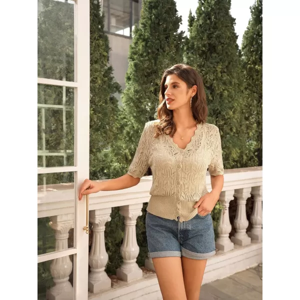 GRACE KARIN Womens Summer Short Sleeve Lightweight Cardigan V Neck Hollow Out Sweater 2024 Trendy Button Down Knit TopsApricot