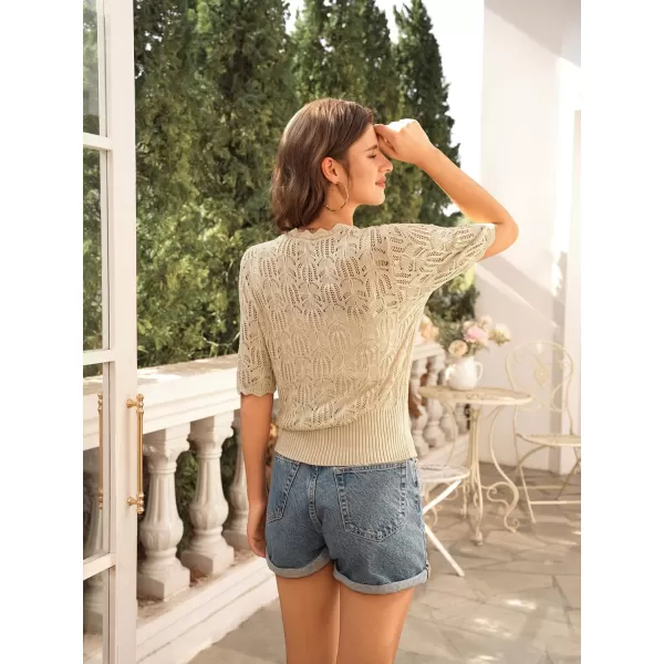 GRACE KARIN Womens Summer Short Sleeve Lightweight Cardigan V Neck Hollow Out Sweater 2024 Trendy Button Down Knit TopsApricot