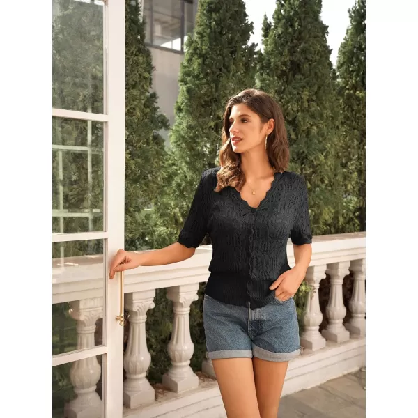 GRACE KARIN Womens Summer Short Sleeve Lightweight Cardigan V Neck Hollow Out Sweater 2024 Trendy Button Down Knit TopsBlack