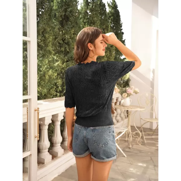 GRACE KARIN Womens Summer Short Sleeve Lightweight Cardigan V Neck Hollow Out Sweater 2024 Trendy Button Down Knit TopsBlack