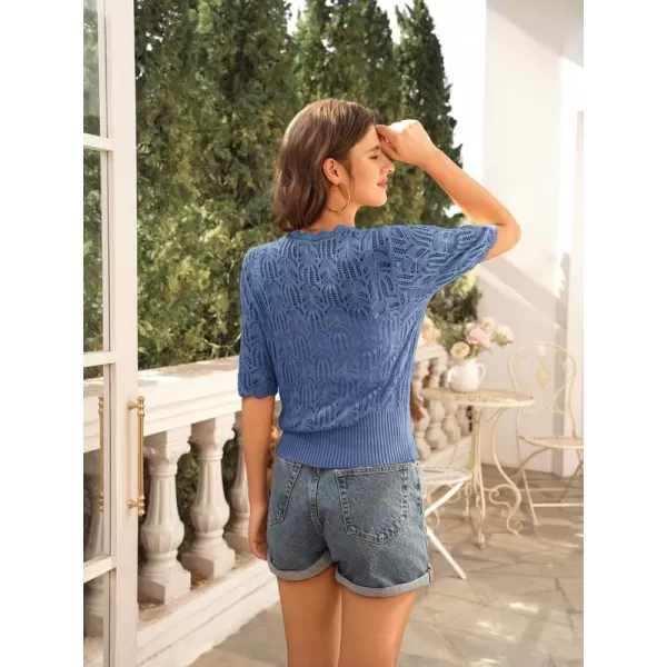 GRACE KARIN Womens Summer Short Sleeve Lightweight Cardigan V Neck Hollow Out Sweater 2024 Trendy Button Down Knit TopsDenim Blue