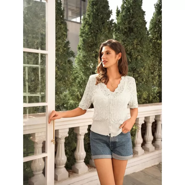 GRACE KARIN Womens Summer Short Sleeve Lightweight Cardigan V Neck Hollow Out Sweater 2024 Trendy Button Down Knit TopsIvory White