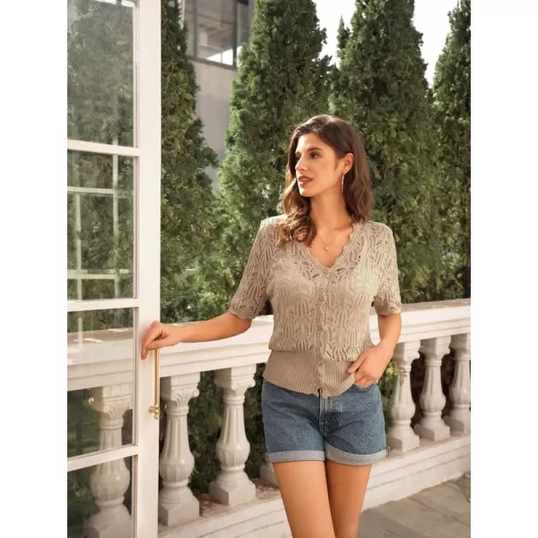 GRACE KARIN Womens Summer Short Sleeve Lightweight Cardigan V Neck Hollow Out Sweater 2024 Trendy Button Down Knit TopsKhaki