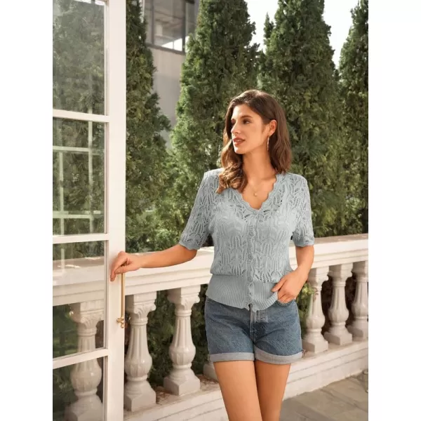 GRACE KARIN Womens Summer Short Sleeve Lightweight Cardigan V Neck Hollow Out Sweater 2024 Trendy Button Down Knit TopsLight Grey