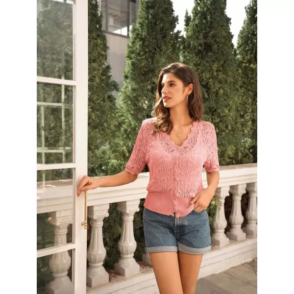 GRACE KARIN Womens Summer Short Sleeve Lightweight Cardigan V Neck Hollow Out Sweater 2024 Trendy Button Down Knit TopsLight Pink