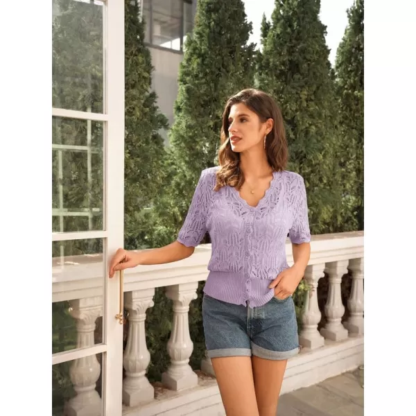 GRACE KARIN Womens Summer Short Sleeve Lightweight Cardigan V Neck Hollow Out Sweater 2024 Trendy Button Down Knit TopsPurple