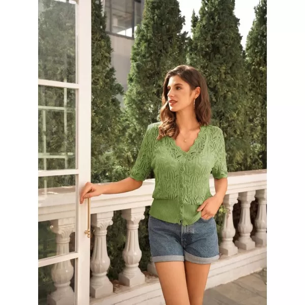 GRACE KARIN Womens Summer Short Sleeve Lightweight Cardigan V Neck Hollow Out Sweater 2024 Trendy Button Down Knit TopsTea Green