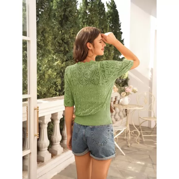 GRACE KARIN Womens Summer Short Sleeve Lightweight Cardigan V Neck Hollow Out Sweater 2024 Trendy Button Down Knit TopsTea Green