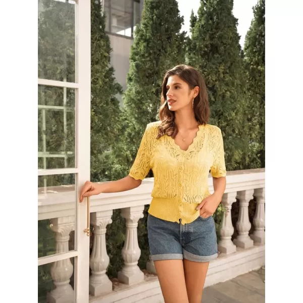 GRACE KARIN Womens Summer Short Sleeve Lightweight Cardigan V Neck Hollow Out Sweater 2024 Trendy Button Down Knit TopsYellow