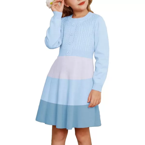 GRACE KARIN Girl Dress Long Sleeve Sweater Ruffle Button Front Knit Casual Fall Winter Dresses for Girls 512Color Blockblue