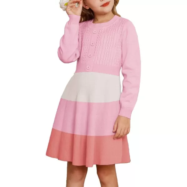 GRACE KARIN Girl Dress Long Sleeve Sweater Ruffle Button Front Knit Casual Fall Winter Dresses for Girls 512Color Blockpink