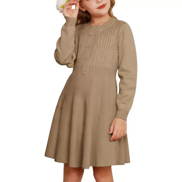 GRACE KARIN Girl Dress Long Sleeve Sweater Ruffle Button Front Knit Casual Fall Winter Dresses for Girls 512Khaki