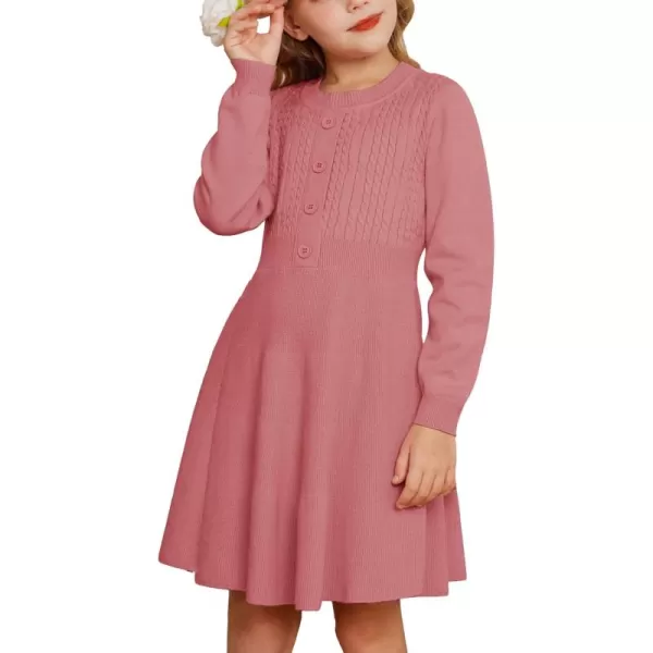 GRACE KARIN Girl Dress Long Sleeve Sweater Ruffle Button Front Knit Casual Fall Winter Dresses for Girls 512Medium Pink