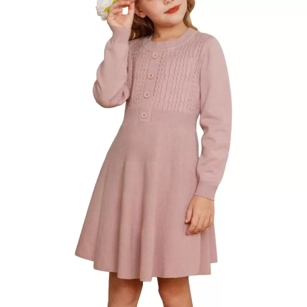 GRACE KARIN Girl Dress Long Sleeve Sweater Ruffle Button Front Knit Casual Fall Winter Dresses for Girls 512Pink