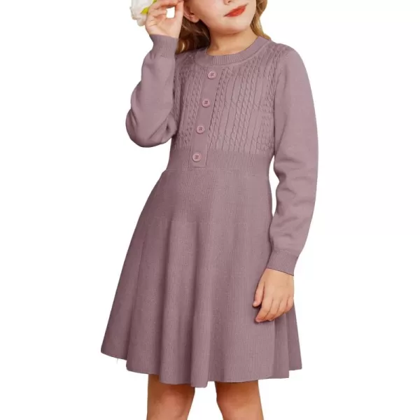 GRACE KARIN Girl Dress Long Sleeve Sweater Ruffle Button Front Knit Casual Fall Winter Dresses for Girls 512Purple