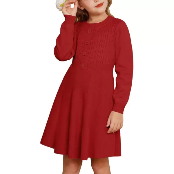 GRACE KARIN Girl Dress Long Sleeve Sweater Ruffle Button Front Knit Casual Fall Winter Dresses for Girls 512Red