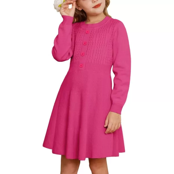 GRACE KARIN Girl Dress Long Sleeve Sweater Ruffle Button Front Knit Casual Fall Winter Dresses for Girls 512Rose Red