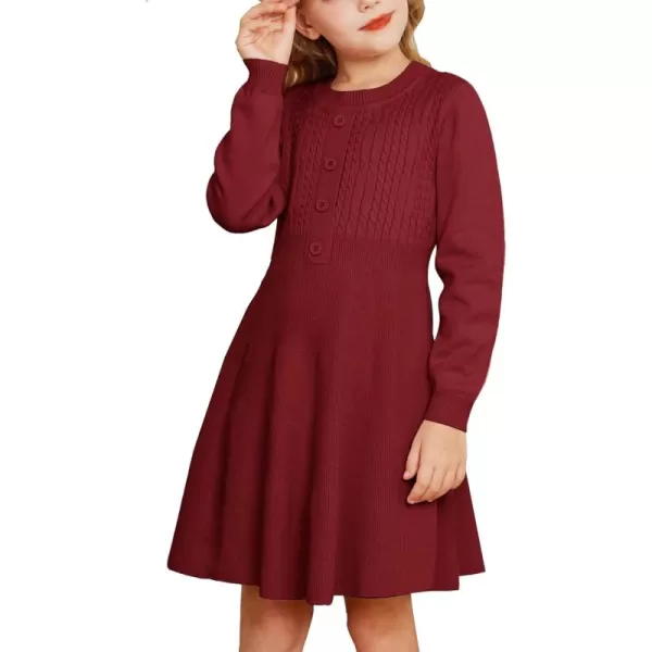 GRACE KARIN Girl Dress Long Sleeve Sweater Ruffle Button Front Knit Casual Fall Winter Dresses for Girls 512Wine Red