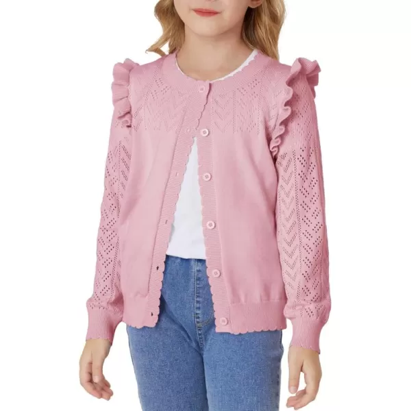 GRACE KARIN Girls Cardigan Cable Knit Sweater Long Sleeve Open Front Button Light Weight Solid Crochet Shrug 512Pink