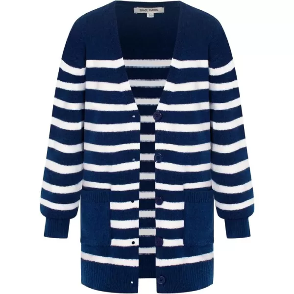 GRACE KARIN Girls Cardigan Sweater Long Sleeve Back to School Uniforms Knit Outerwear with Pockets 512YDeep Blue