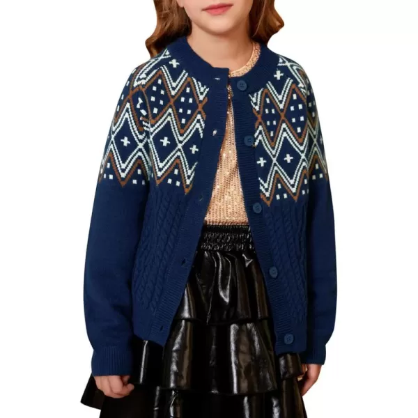 GRACE KARIN Girls Cardigan Sweater Long Sleeve Button Closure Boho Knitted Sweater 512YNavy Blue