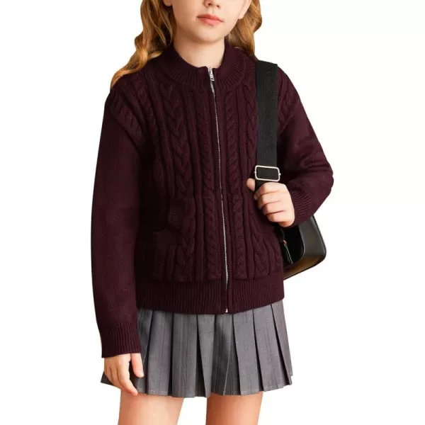 GRACE KARIN Girls Knit Cardigan Sweater Zip Long Sleeve Kids School Uniform Fall Jacket Size 614Wine Red