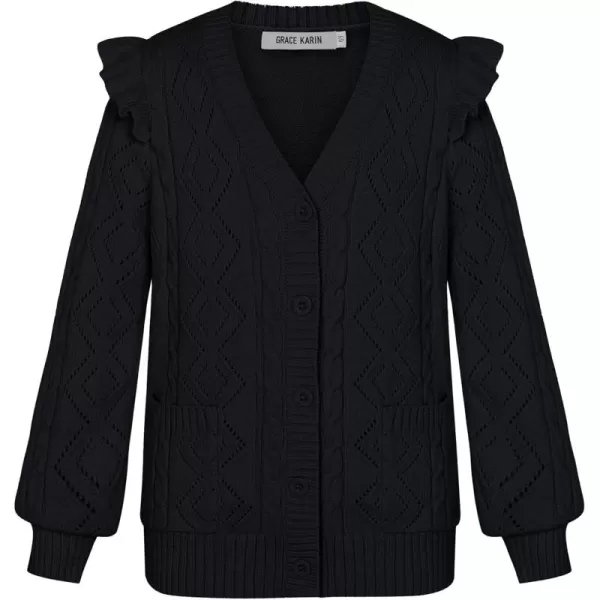 GRACE KARIN Girls Knit Cardigan with Pockets VNcek Sweater Long Sleeve Kids School Uniform Fall Jacket Size 614Black